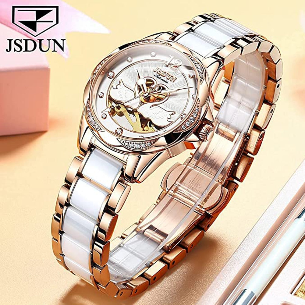 Luxury Mechanical Women Watch Love Swan Design Skeleton Elegant Ceramics Strap Waterproof Ladies Wristwatch Girls Dress Watch