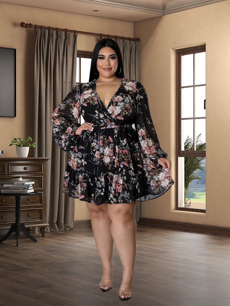 Plus Size Women Flower Print  V Neck  Out Long Sleeve Dress