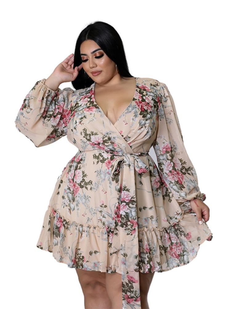 Plus Size Women Flower Print  V Neck  Out Long Sleeve Dress