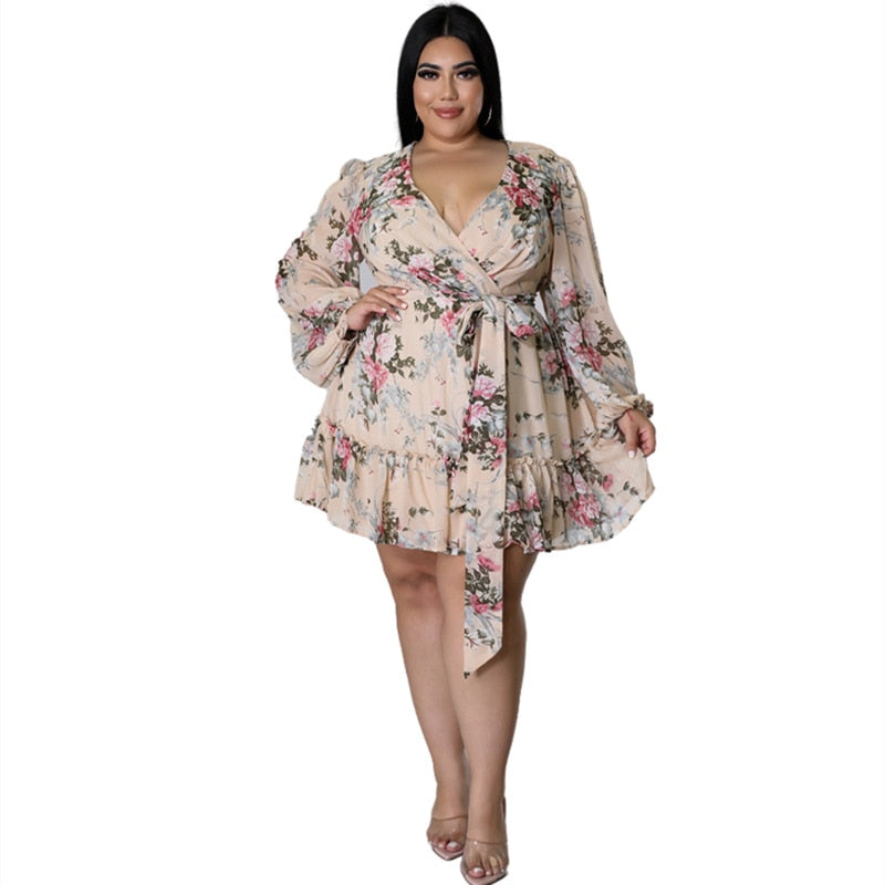 Plus Size Women Flower Print V Neck Out Long Sleeve Dress