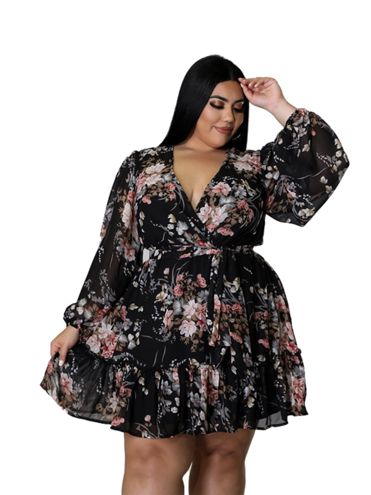 Plus Size Women Flower Print V Neck Out Long Sleeve Dress