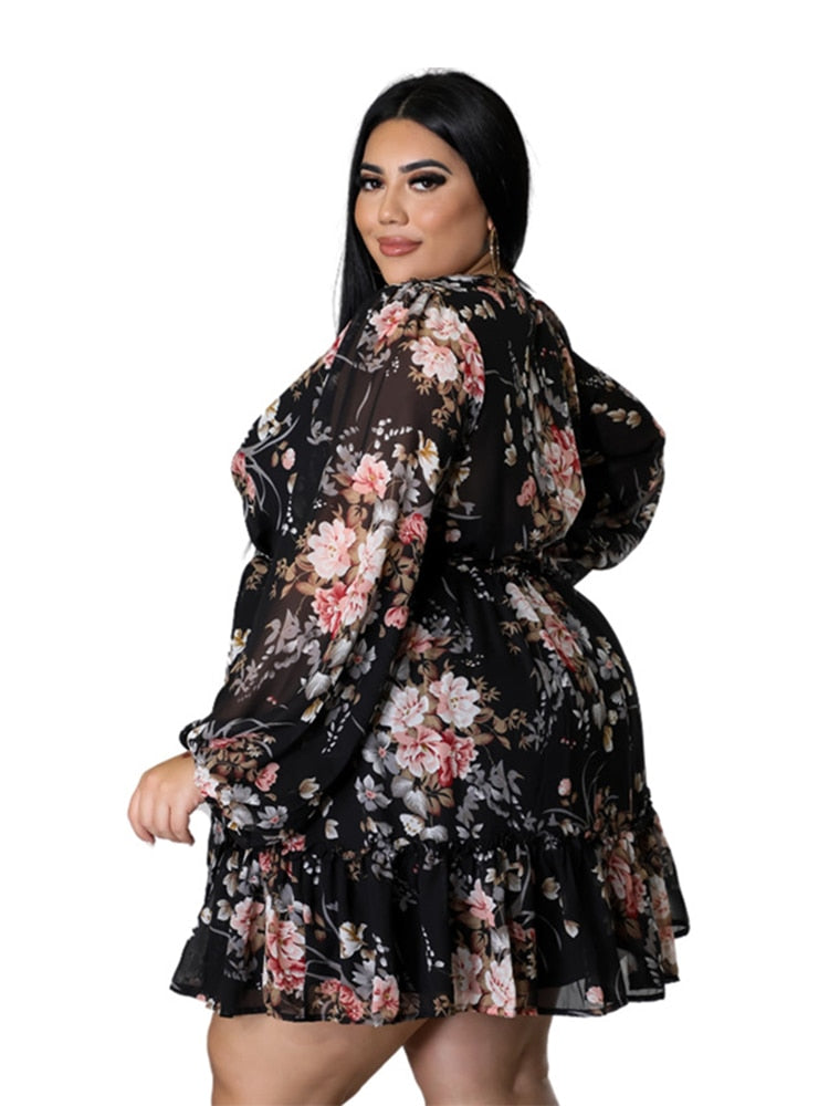 Plus Size Women Flower Print  V Neck  Out Long Sleeve Dress