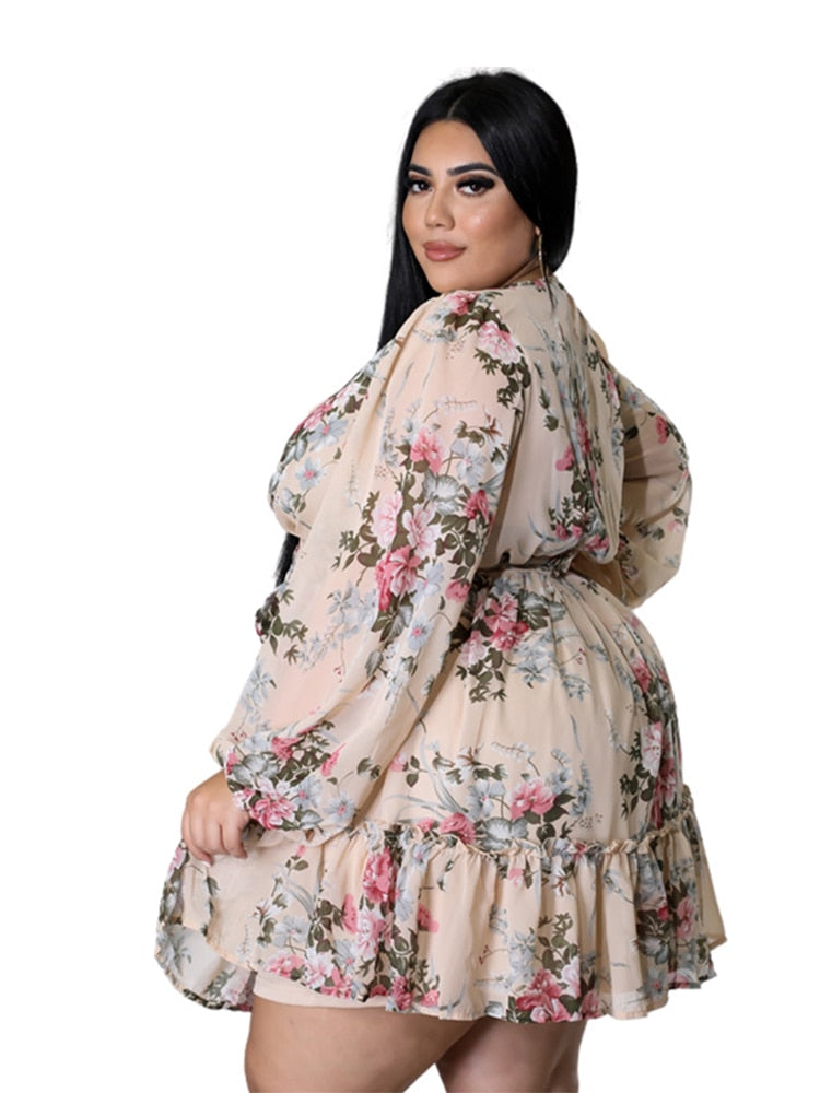 Plus Size Women Flower Print V Neck Out Long Sleeve Dress