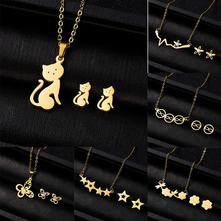 Cute Cat Butterfly  8 Stars Heart Pendant Jewelry Set Necklace Earrings Set