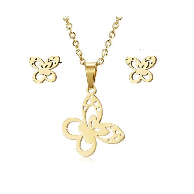 Cute Cat Butterfly 8 Stars Heart Pendant Jewelry Set Necklace Earrings Set