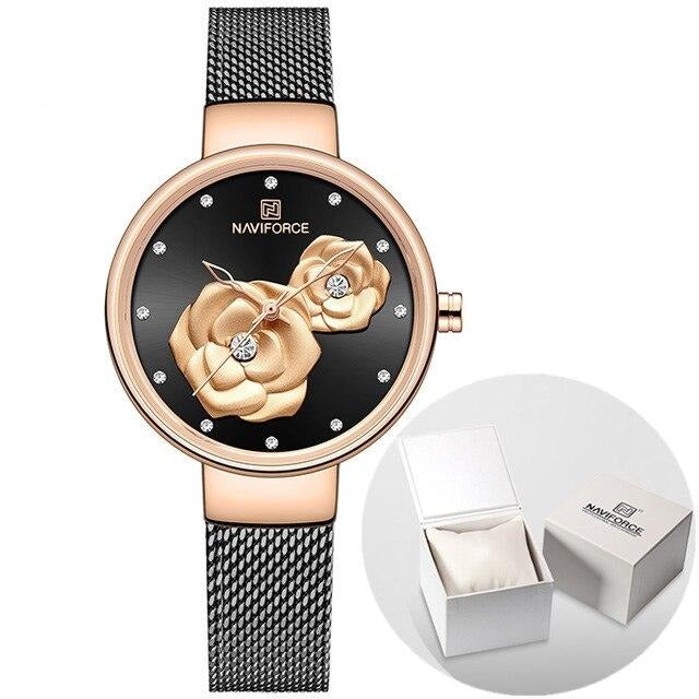 NAVIFORCE Ladies Watch Fashion Creative 3D Rose Women wrist watche