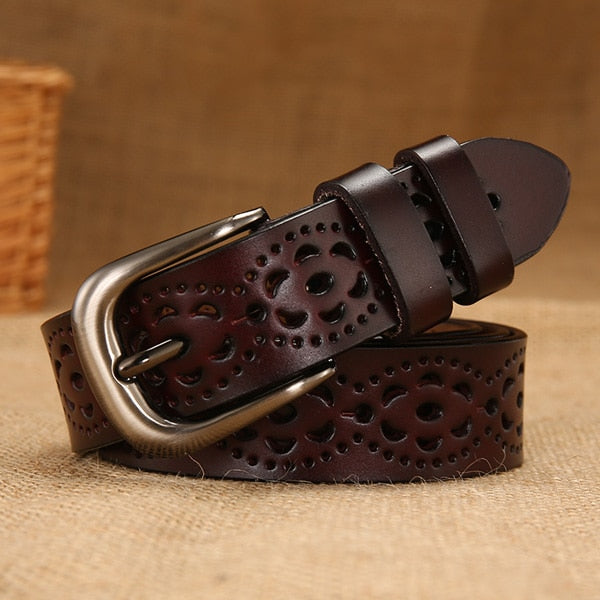Thin Genuine Leather 6 Color Floral carved Belts For Women