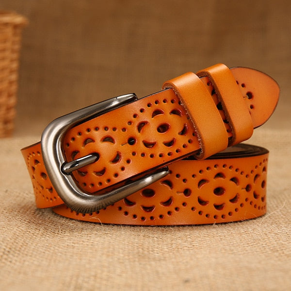Thin Genuine Leather 6 Color Floral carved Belts For Women