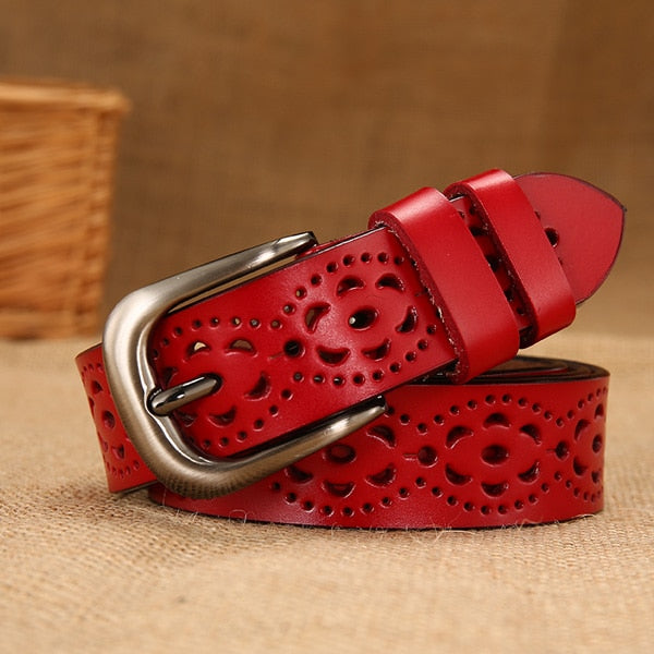 Thin Genuine Leather 6 Color Floral carved Belts For Women