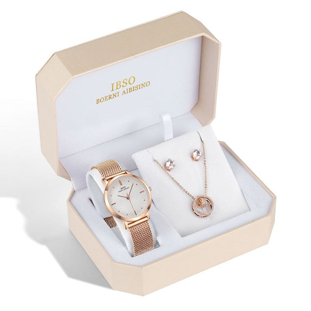 Women Rose Gold Watch Earring Necklace Female Jewelry Set