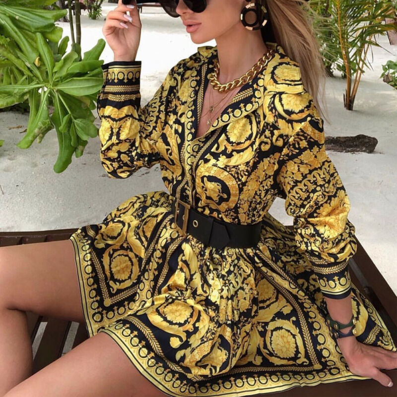Fashion Vintage Women Loose Long Sleeve Party Dress
