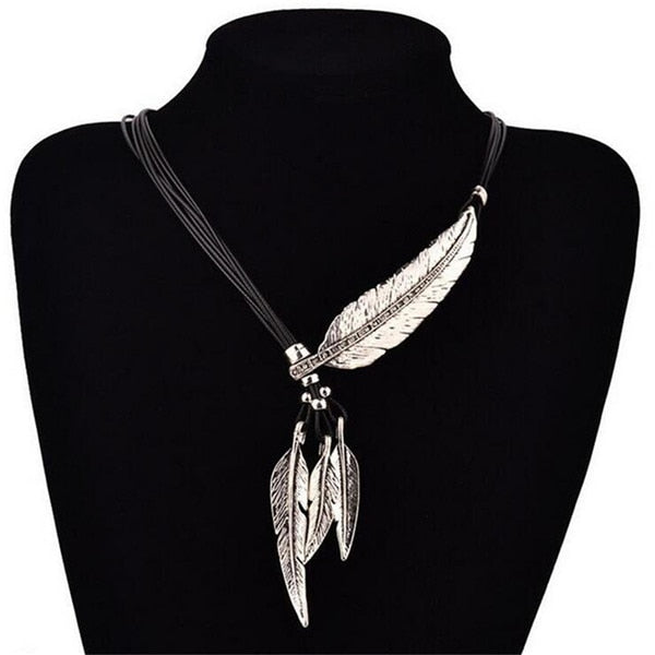 Women Feather Necklaces & Pendants Rope Leather Vintage Jewelry