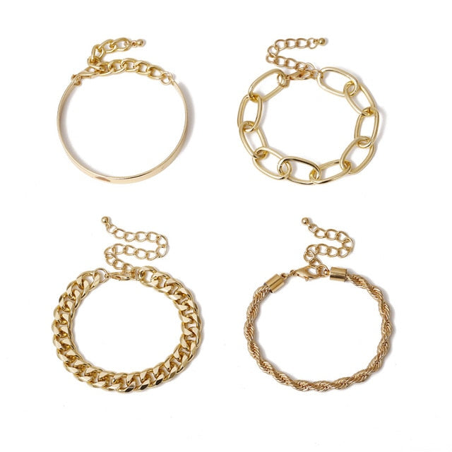 4Pcs/Set Chunky Thick Bracelets Bangles Punk Metal Rope Chain Bracelet