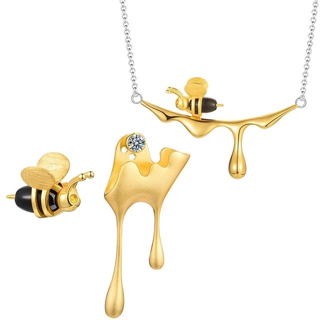 Lotus Fun Gold Bee and Dripping Honey Pendant Necklace