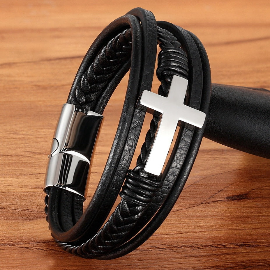 Cross Style Multi Layer Stainless Steel Men's Leather Bracelet