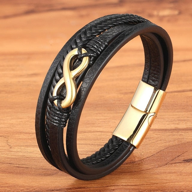 Cross Style Multi Layer Stainless Steel Men's Leather Bracelet