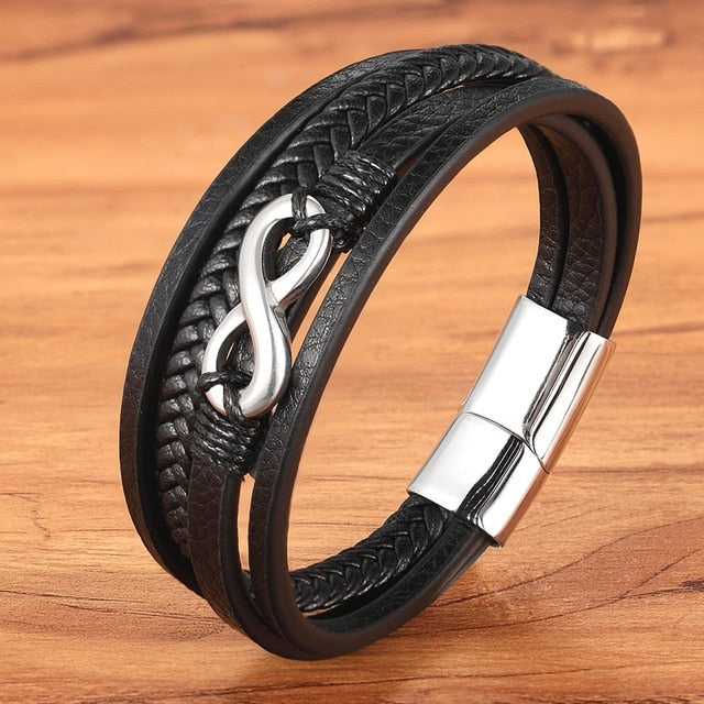 Cross Style Multi Layer Stainless Steel Men's Leather Bracelet