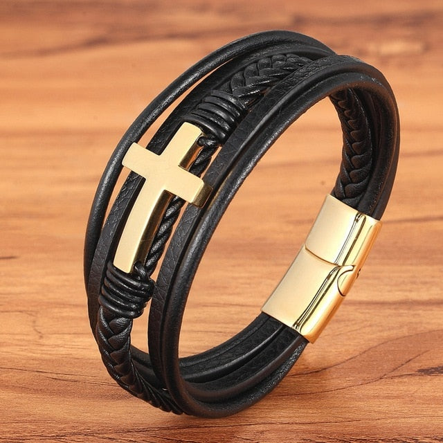 Cross Style Multi Layer Stainless Steel Men's Leather Bracelet