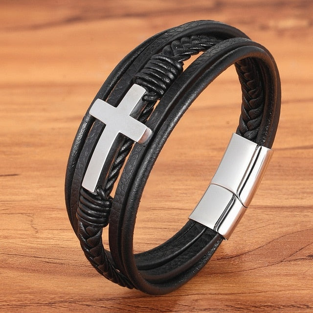 Cross Style Multi Layer Stainless Steel Men's Leather Bracelet