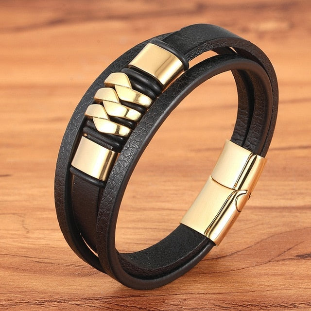 Cross Style Multi Layer Stainless Steel Men's Leather Bracelet