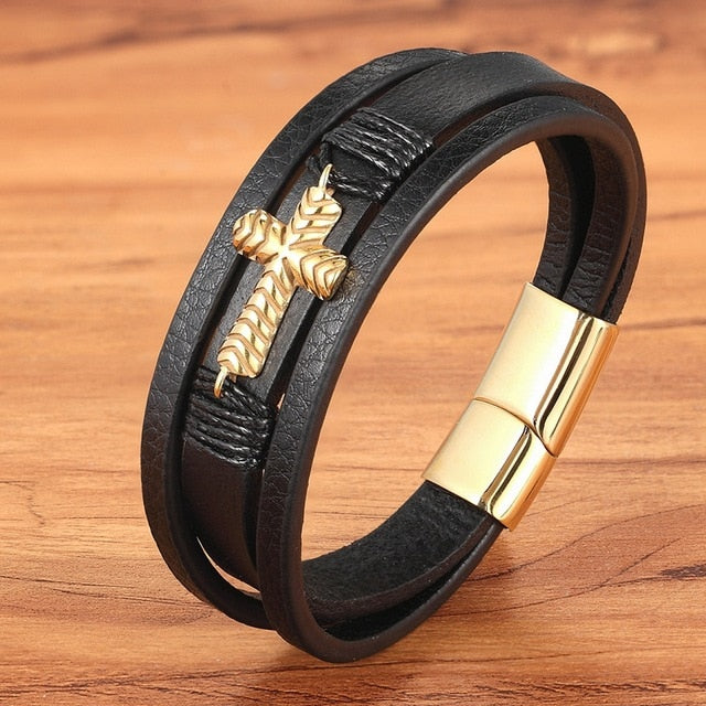 Cross Style Multi Layer Stainless Steel Men's Leather Bracelet
