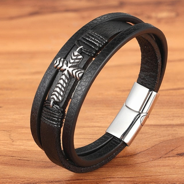 Cross Style Multi Layer Stainless Steel Men's Leather Bracelet