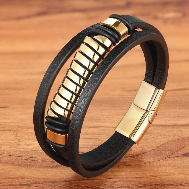 Cross Style Multi Layer Stainless Steel Men's Leather Bracelet