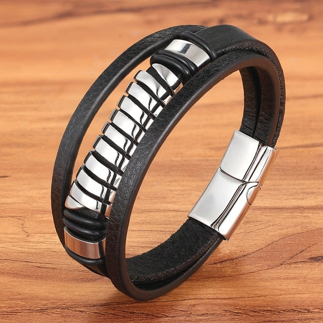 Cross Style Multi Layer Stainless Steel Men's Leather Bracelet