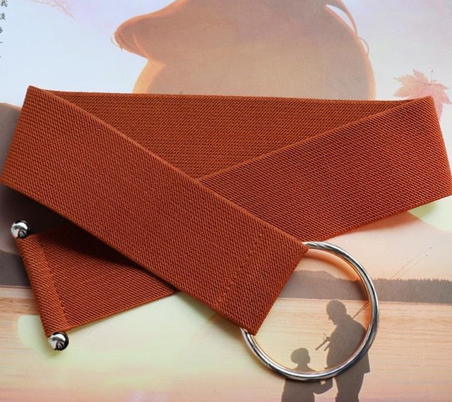 Women Black Simple Waist Elastic Ladies Band Round Buckle belt