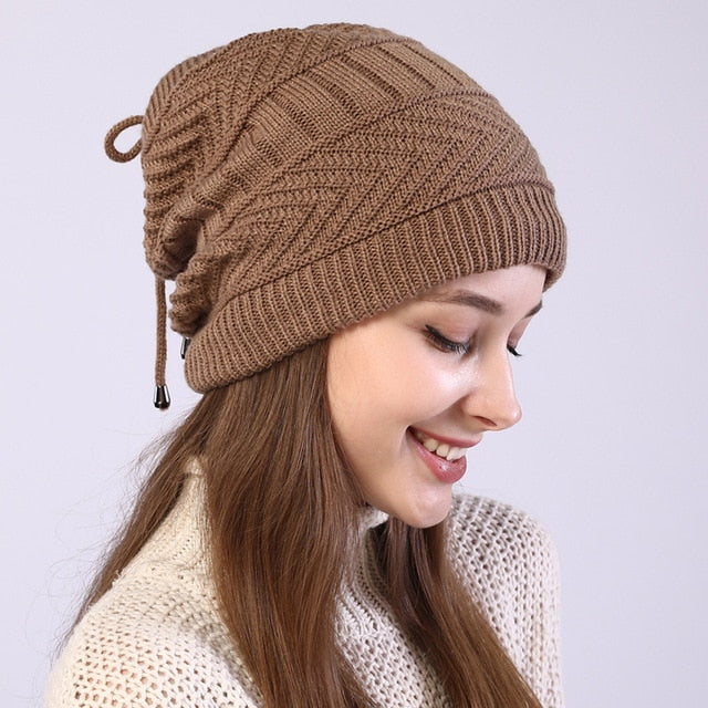 women knitted Hat solid snood scarf warm winter Female Beanie cap