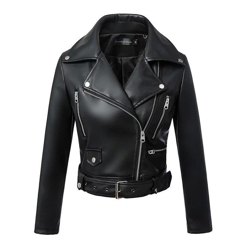 Women Winter Black Faux Leather Jackets Zipper Coat with belt