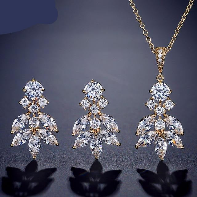 Cubic Zirconia Leaf Long Earrings Pendant Necklace Set