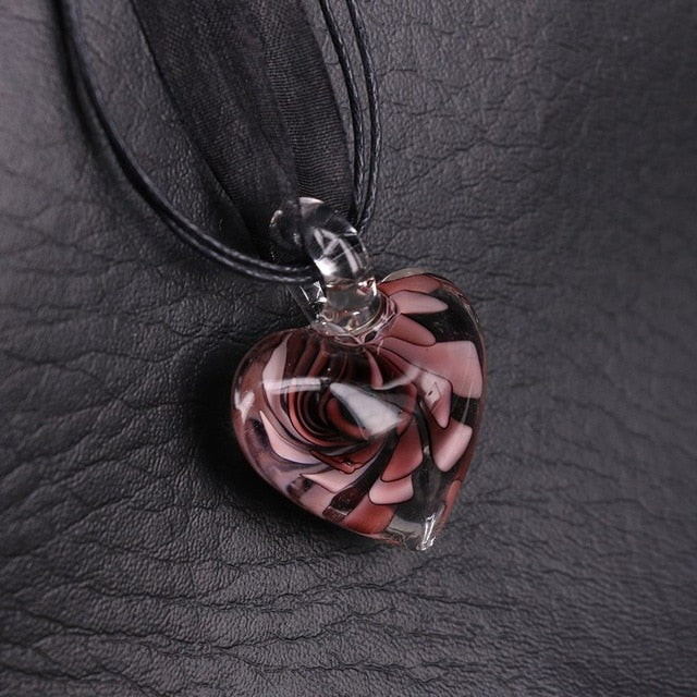 Glass Heart Pendant Handmade Pink Dried Flower Women Necklace