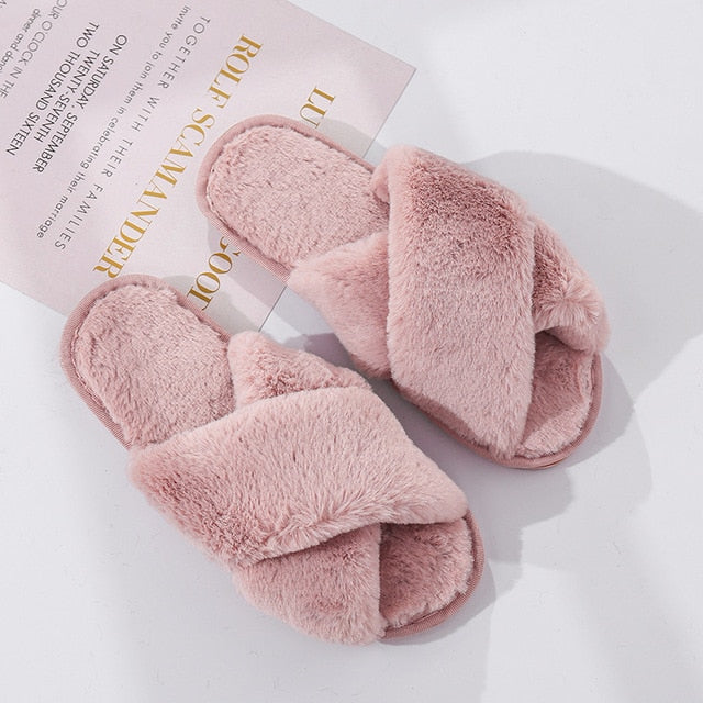 Winter Women House Slippers Faux Fur Fashion Warm Shoes Woman Slip on Flats