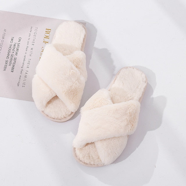Winter Women House Slippers Faux Fur Fashion Warm Shoes Woman Slip on Flats