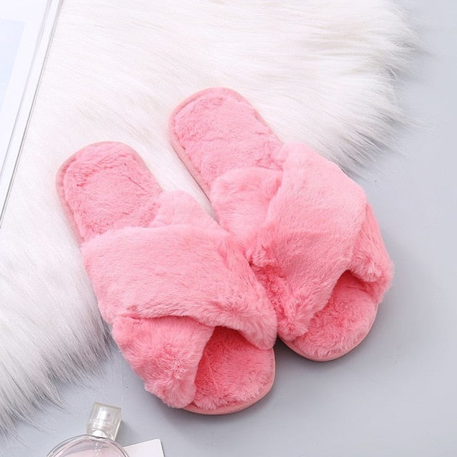 Winter Women House Slippers Faux Fur Fashion Warm Shoes Woman Slip on Flats