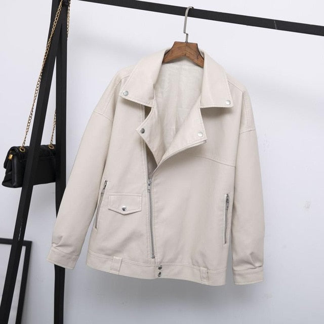 Women Faux Leather Jacket Casual Loose Soft Pu Leather Coat