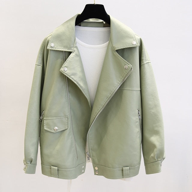 Women Faux Leather Jacket Casual Loose Soft Pu Leather Coat