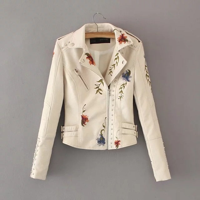Embroidery faux leather PU Jacket Women coat Outerwear