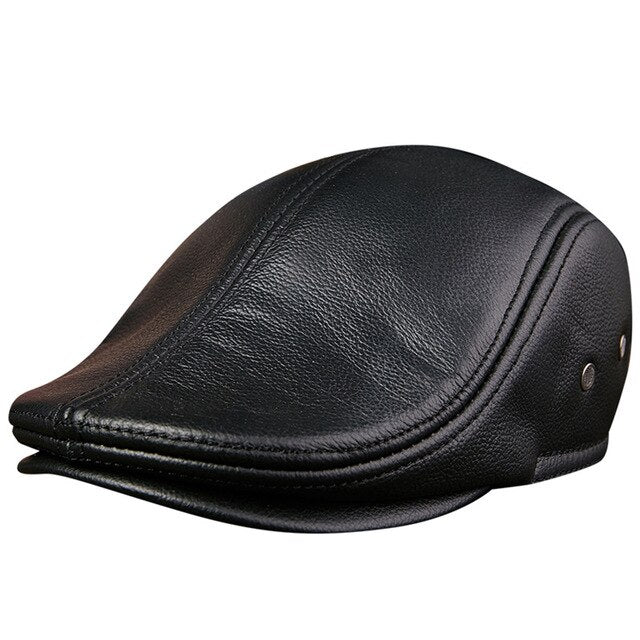 Men Real Leather Hats Berets Earflaps Casual Male Vintage Winter Cap