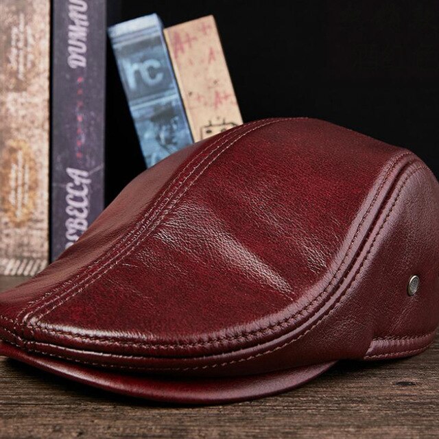 Men Real Leather Hats Berets Earflaps Casual Male Vintage Winter Cap