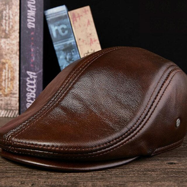Men Real Leather Hats Berets Earflaps Casual Male Vintage Winter Cap
