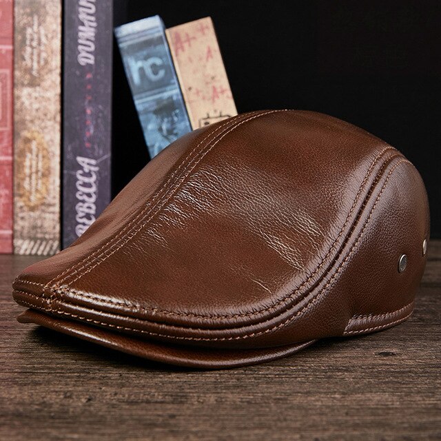 Men Real Leather Hats Berets Earflaps Casual Male Vintage Winter Cap