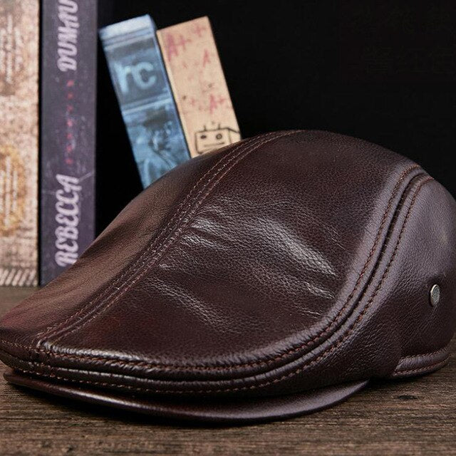 Men Real Leather Hats Berets Earflaps Casual Male Vintage Winter Cap