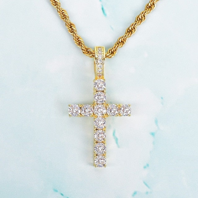 Gold Color Zircon Cross Pendant For Men Women Plated Necklace