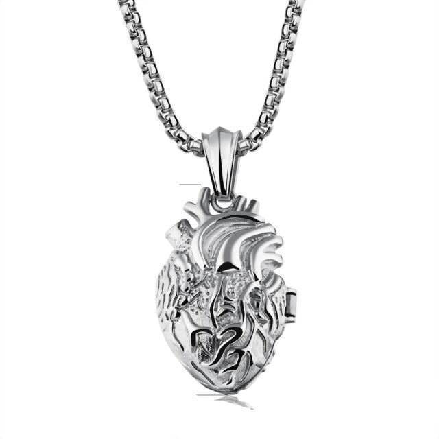 Openable Human Anatomical Heart Charm Pendant Necklace in Stainless Steel