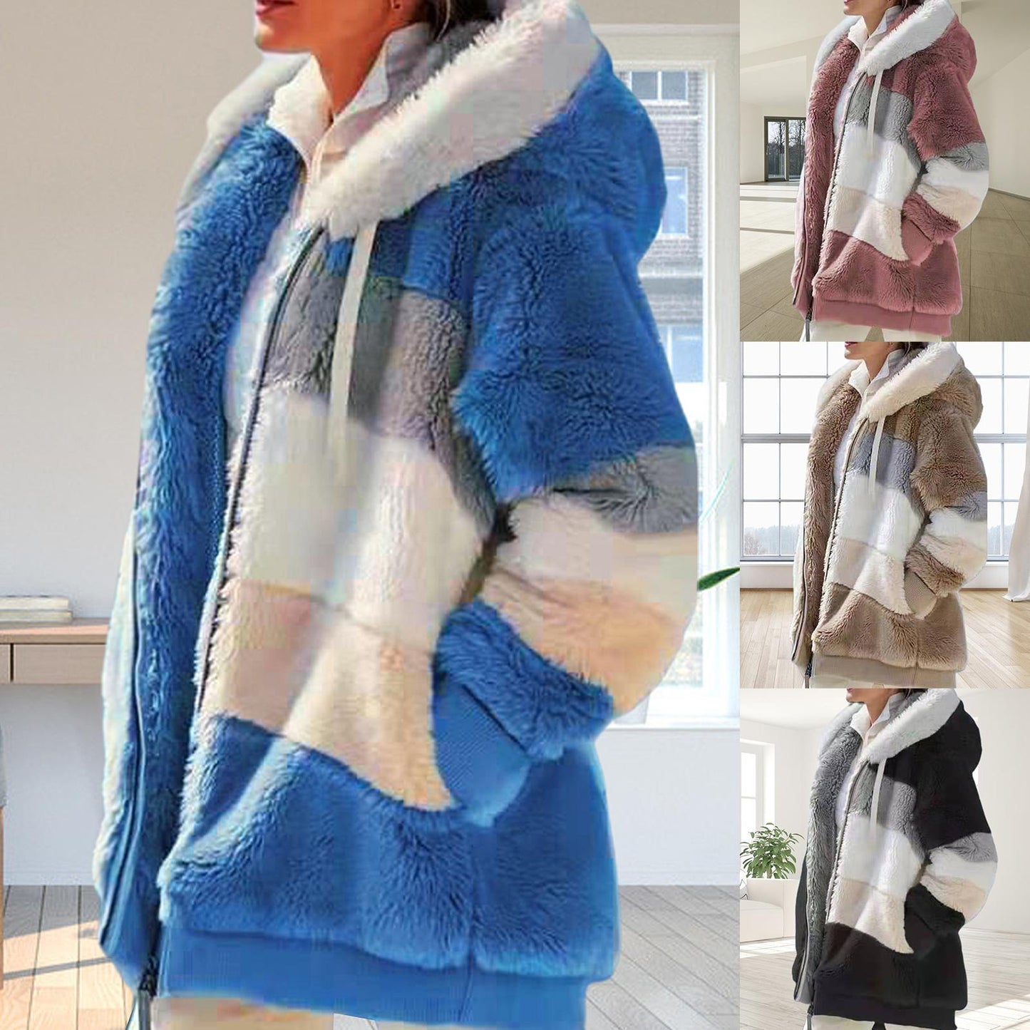 Plus Size Women Long Sleeve Color Block Zipper Fluff Hooded Warm Coat Jacket