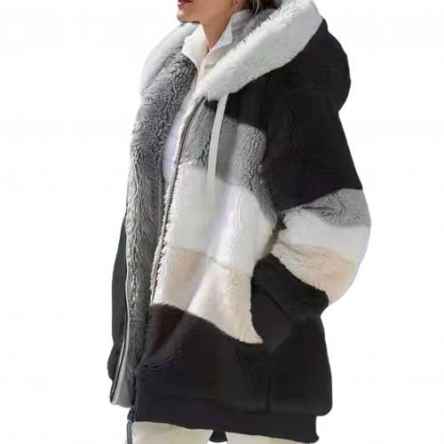 Plus Size Women Long Sleeve Color Block Zipper Fluff Hooded Warm Coat Jacket