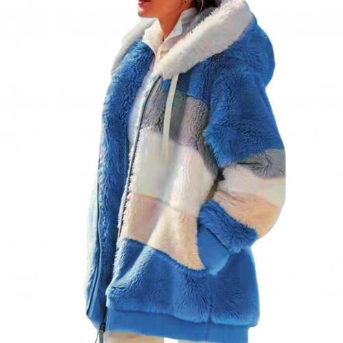 Plus Size Women Long Sleeve Color Block Zipper Fluff Hooded Warm Coat Jacket