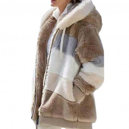 Plus Size Women Long Sleeve Color Block Zipper Fluff Hooded Warm Coat Jacket